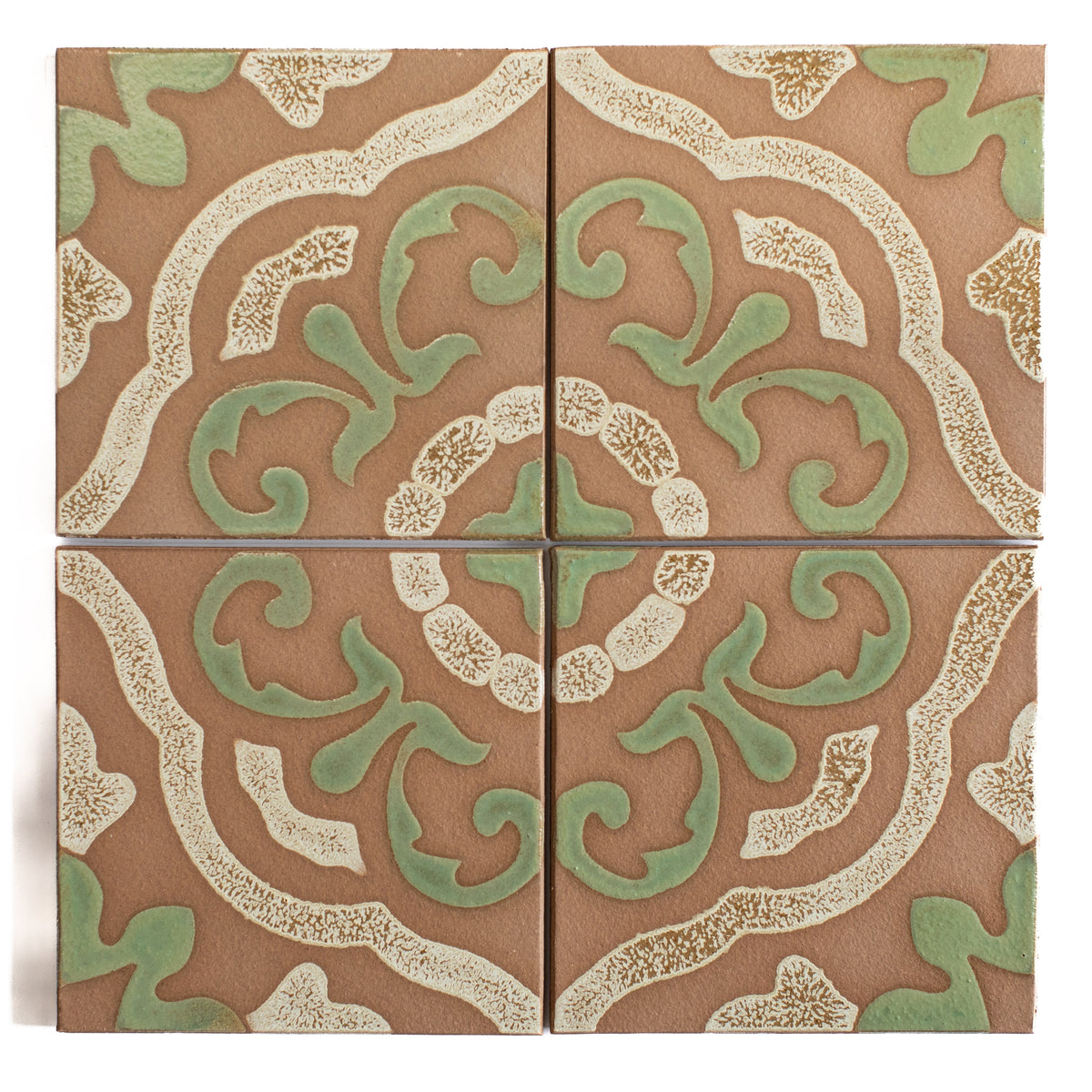 Decorative tiles with intricate patterns in brown, green, and beige.